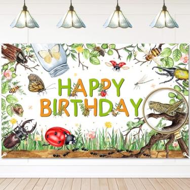 Imagem de Avezano Bugs Banner Festa Feliz Aniversário Primavera Tema Inseto Decorações de Festa de Aniversário Microcosmo Floresta Ladybug Inserções de Répteis Decorações de Festa Banner para Crianças (2,1 x