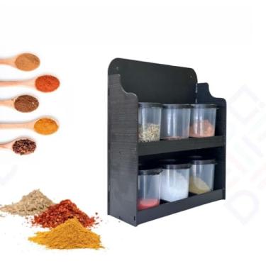 Imagem de Prateleira Porta Condimentos Suporte Em Madeira Porta Tempero de Parede 12 Potes de Plástico(PEQUENO (COM 6 POTES) Preto)