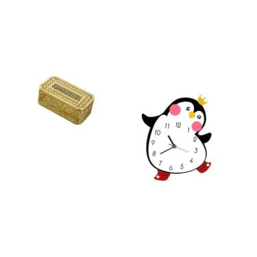 Imagem de Fenteer Linda Caixa de Lenços de Papel com Desenho de Pinguim E Relógio de Parede de Madeira, Suporte Multifuncional para Papel Higiênico de Banheiro, Decoraç