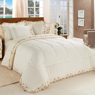 Imagem de Edredom Queen Emozione Percal 200 Fios 100% Algodão Bordado 5 Peças - Marfim