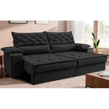 Imagem de Sofá Retrátil e Reclinável 2,40m com Porta Copos e Molas Cosmos Velusoft Preto Cama Inbox