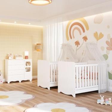 Imagem de Quarto Bebê Gêmeos 2 Berços Americano Ben Cômoda 1 Porta Uli 100% mdf Branco Brilho