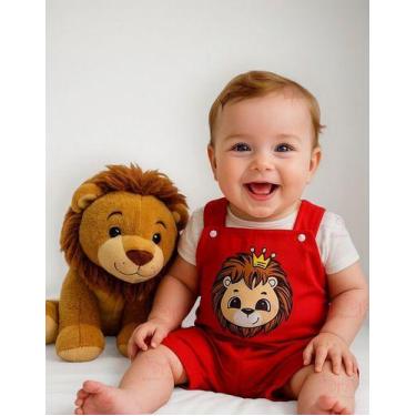 Imagem de Conjunto Macacão Jardineira + Camiseta Leão Bebe Menino Tam RN a 03 Me