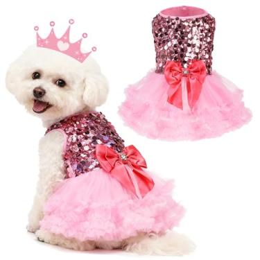 Imagem de SCENEREAL Vestido rosa de princesa, vestido tutu brilhante, colete com laço, fantasias engraçadas de Halloween, roupa de cachorrinho e rainha roupas de aniversário de Natal para meninas pequenas