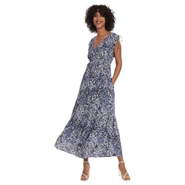 Imagem de Maggy London Maxi feminino em camadas com detalhes de cordão no ombro e na cintura, Branco macio/azul-marinho, 44