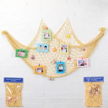 Imagem de Rede de pesca decorativa, pendurar na parede costeira grande para decoração de pano de fundo, perfeita para festas temáticas na praia, casamento, arte de parede de quarto (amarelo)
