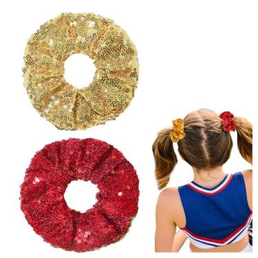 Imagem de 2 peças de laços de cabelo brilhantes de Natal para festa Scrunchie com glitter para mulheres, scrunchies brilhantes vintage para cabelo de Natal para mulheres, suportes de rabo de cavalo, gravatas de