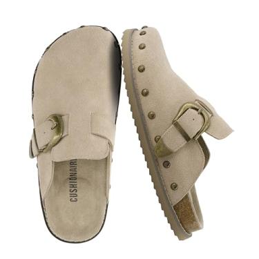Imagem de CUSHIONAIRE Sapatos femininos Bronco Slip On Mule – Tamancos de couro de camurça genuíno com fivela ajustável e detalhes cravejados, sapatos de outono elegantes para mulheres, Biscoito, 36