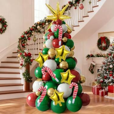 Imagem de LaRandom 232 peças de kit de arco de guirlanda de balões de Natal para árvore de Natal com balões de estrela dourada vermelha verde e dourada, bolas infláveis de Natal para decorações de festa de