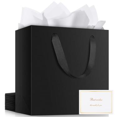 Imagem de EUSOAR Sacos de presente pretos, 12 peças de 31,8 x 11,4 x 28 cm, sacos de papel Kraft grandes com alças, 25 peças de papel branco de 50,8 x 76,2 cm e 12 cartões brancos em branco dourado para compras