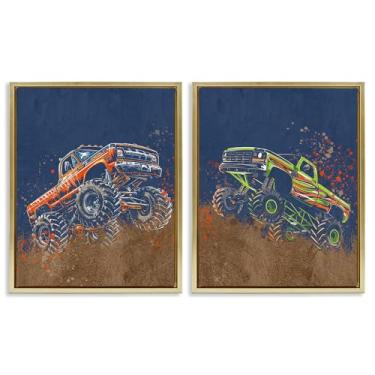 Imagem de Stupell Industries Conjunto de tela flutuante de 2 peças com moldura dourada Monster Truck Jam, design de Kim Allen, 78 x 63 cm