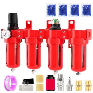 Imagem de BOGERDACK Sistema de secagem de ar de alumínio de 4 estágios de grau industrial, 1/2 polegada NPT, 0-150 PSI, secador dessecante, regulador de ar, filtro de partículas e filtro coalescente (drenagem