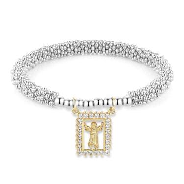 Imagem de HZMAN Pulseira feminina com contas de metal Virgem Maria/Jesus/São Bento, Adjustable Elasticity, Zircônia cúbica