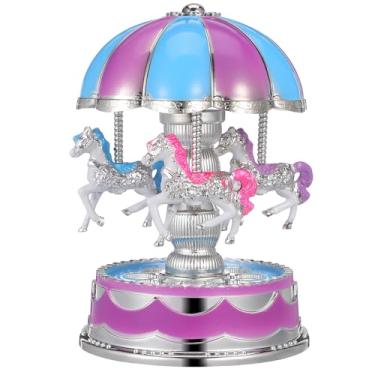 Imagem de SHINEOFI Caixa de música carrossel com 3 cavalos rotativos, caixa de música luminosa LED para quarto, sala de estar, decoração de escritório, lavanda