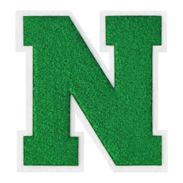 Imagem de 1 peça de patch de letra de chenille verde de 15 cm com borda branca – adesivos do alfabeto para roupas, jaquetas, mochilas, chapéus para decoração personalizada, nome personalizado e artesanato. (N)