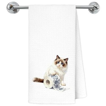 Imagem de Exqcom Toalhas de mão engraçadas de gato Ragdoll para banheiro, presentes de gato Ragdoll, papel higiênico chinês azul gatinho toalhas de mão decorativas banheiro banheiro decoração de banheiro, 40,6