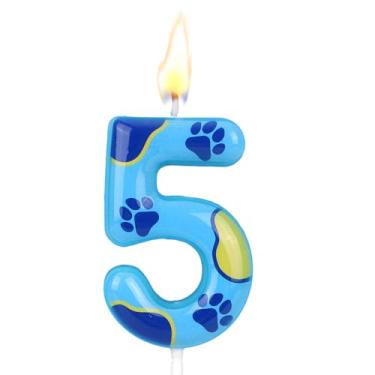 Imagem de Vela Aniversário com Tema Pata de Cão Azul, Fofa Estampado Pata Cão Vela com Número para Bolo Aniversário Decoração Topo Bolo para Menino e Menina (Número 5)
