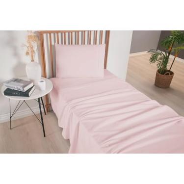 Imagem de Jogo de Lençol Solteiro Micropercal 300 Fios, 3 Peças, 100% Poliéster, com Ponto Palito, Lençol Superior, Lençol com Elástico e Fronha (Rosê)