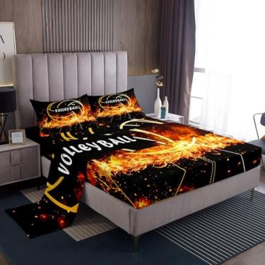 Imagem de Erosebridal Jogo de lençol solteiro esportivo com estampa de vôlei, fogo, bola de vôlei, para meninos e adolescentes, 3 peças