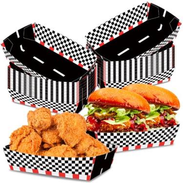 Imagem de Não é necessário dobrar, pacote com 50 bandejas de comida de papel de corrida de 0,9 kg, bandejas de nacho xadrez, descartáveis, barco, comida preta e branca, para servir comida com tema de corrida