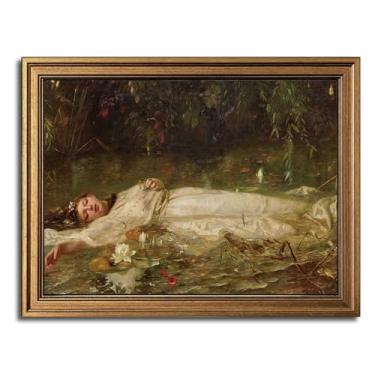 Imagem de Arte de parede emoldurada a ouro arte de parede em tela vintage retrato feminino mulher serena na água impressões de arte imagem para sala de estar quarto fazenda banheiro decoração de escritório