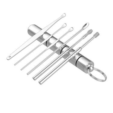 Imagem de Kit De Remoção De Cera De Ouvido Limpador De Ouvido 6 Pinças Curetas E Estojo em Aço Inox Extrator Sujeira Auricular Cotonetes Espatulas Em Espiral Metal Completo Palaziun