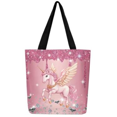 Imagem de ArtfulHome Bolsa de lona de unicórnio | Bolsa de praia dobrável de diamante de cristal de arte fluida de lantejoulas, linda bolsa de mão casual reutilizável com cavalo sonhador para mulheres, desenho