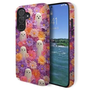 Imagem de GUYBFADFG Capa compatível com Samsung Galaxy A36 5G, proteção de camada dupla à prova de choque, capa de telefone resistente, fantasma de Halloween, rosa, flores roxas