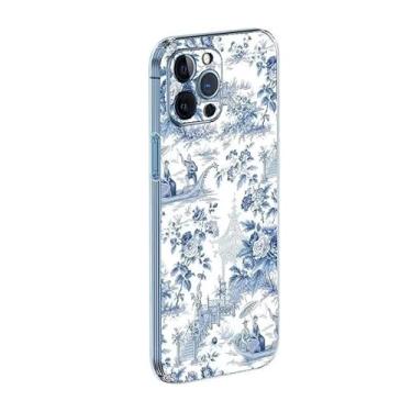 Imagem de VICLASBISKIY Capa de telefone compatível com iPhone 16E capa azul chinoiserie pó toile impressão borracha de silicone TPU à prova de choque protetora lateral listrada capa macia