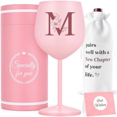 Imagem de Lifecapido Presentes personalizados para mulheres, taça de vinho de aço inoxidável M com saco de vinho e cartão, monograma M presente de taça de vinho personalizado, aniversário com monograma
