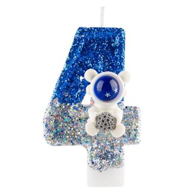 Imagem de Vela de aniversário de 4 anos com glitter astronauta espacial número 4 velas de topo de bolo de prata azul decorações de feliz aniversário para meninas, meninos, artigos de festa de aniversário