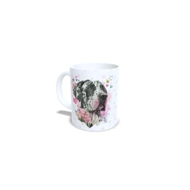 Imagem de Caneca de Cerâmica 325ml com Tema Beagle, Design de Cachorro com Flores, Branco e Rosa (13189)