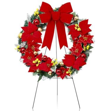 Imagem de Crowye Guirlandas de cemitério de Natal de 61 cm para túmulos com cavalete de 76 cm, suporte de guirlanda de cemitério ao ar livre, laços vermelhos, lápide de Natal para suprimentos de enfeite de
