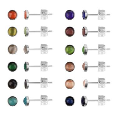 Imagem de JMLOON Conjunto de 12 pares de brincos de olho de gato multicoloridos de aço inoxidável com pedra preciosa redonda de coração quadrado oval para mulheres, 6mm, Aço inoxidável, Olho de gato