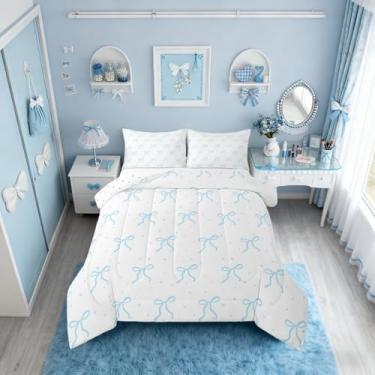 Imagem de Erosebridal Conjunto de cama solteiro com laço azul e nó kawaii, para quarto de jovens e adultos, edredom de princesa sonhadora, galáxia e estrelas, 1 fronha