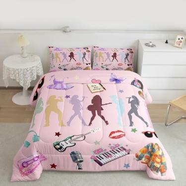 Imagem de Erosebridal Jogo de cama solteiro com tema de música rosa, teclado de violão, bola de discoteca, cobra, floral, presente elegante e moderno, para amantes de música, edredom para meninas adolescentes