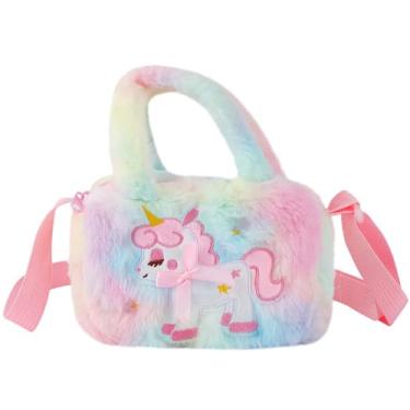 Imagem de CATIEBYE Bolsa de pelúcia de unicórnio para meninas, bolsa tiracolo de pelúcia macia organizadora de viagem para meninas, adorável design de unicórnio
