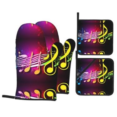 Imagem de Nota musical - Conjunto de luvas de cozinha impressas com suportes de tampa, luvas de forno resistentes ao calor para manusear panelas quentes, grelhar, churrascos, kit de 4 peças.