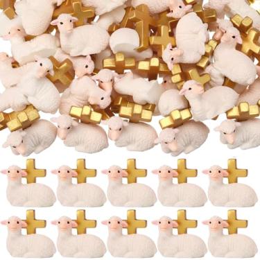 Imagem de Wesiti 50 peças, estatuetas de ovelhas de resina em miniatura, cordeiro branco com cruz dourada, animal religioso, decoração de Páscoa, presente cristão para presentes de batismo de primeira comunhão