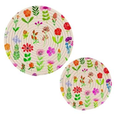 Imagem de Wassud Trivet de flores silvestres em aquarela para pratos quentes, suportes redondos de algodão, almofadas quentes, porta-copos elegantes, decoração de cozinha e acessórios, 2 peças
