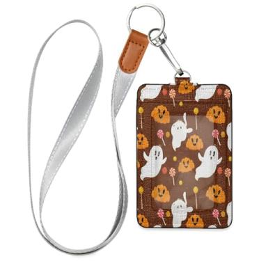 Imagem de Wassud Porta-crachá de couro PU Candy with Boo-boos com cordão, porta-cartão de identificação para trabalho, cordão de pescoço com compartimentos para cartões de crédito, funcionários, estudantes
