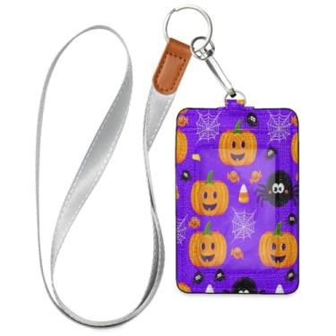 Imagem de Wassud Lindo porta-crachá de couro PU Pumpkins com cordão, porta-cartão de identificação para trabalho, cordão de pescoço com compartimentos para cartões de crédito, funcionários, estudantes, 40 cm