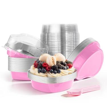 Imagem de STN Mini formas de bolo em forma de coração 255 g de folha de alumínio, formas de cupcake descartáveis em forma de coração com tampas, colher para Dia dos Namorados, Dia das Mães, aniversário