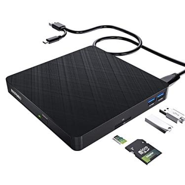 Imagem de HATOKU Unidade externa de CD DVD, gravador portátil USB 3.0 e tipo C com leitor de cartão SD/TF e 2 portas USB, óptico para PC Desktop/Laptop/Linux/Mac/Windows 11/10/8/7 (preto)