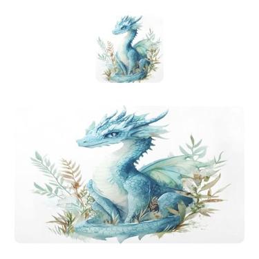 Imagem de Burbuja Jogo americano com folhagem de dragão azul e verde, conjunto de 4 para mesa de jantar, tapetes de mesa de cozinha antiderrapantes resistentes ao calor, fáceis de limpar, 30 x 45 cm