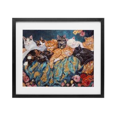 Imagem de Stupell Industries Impressão emoldurada em preto Sleepy Kitty Crowd with Flowers Under Glass, design por Sara Culpepper, 33 x 40
