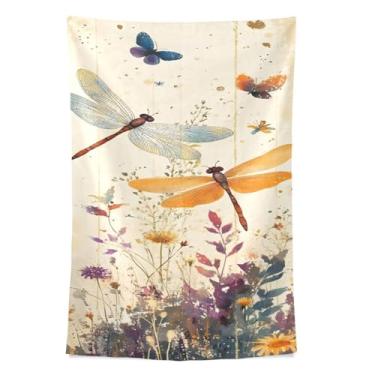 Imagem de STAYTOP Tapeçaria de parede de flores silvestres e libélulas para decoração de casa decoração de dormitório sala de estar quarto tapete de parede (80 × 60 pol)