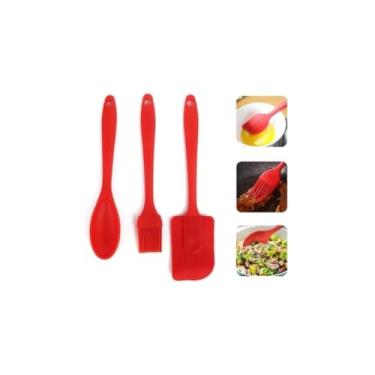 Imagem de Kit 3 Peças Utensílios de Silicone para Cozinha, Espátula, Pincel e Batedor, Vermelho, Resistente até 240°C, Antiaderente