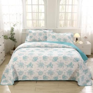 Imagem de SUCSES Jogo de cama King náutico de algodão, 3 peças, concha do oceano, macio, leve, extragrande, unissex, conjunto de cama com 2 fronhas, edredom de verão para decoração de casa de praia costeira