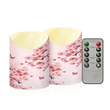 Imagem de Wassud Pacote com 2 velas sem chama de cerejeira com controle remoto, velas realistas cintilantes com temporizador, velas decorativas para Natal, casamento, festa, decoração de casa pequena